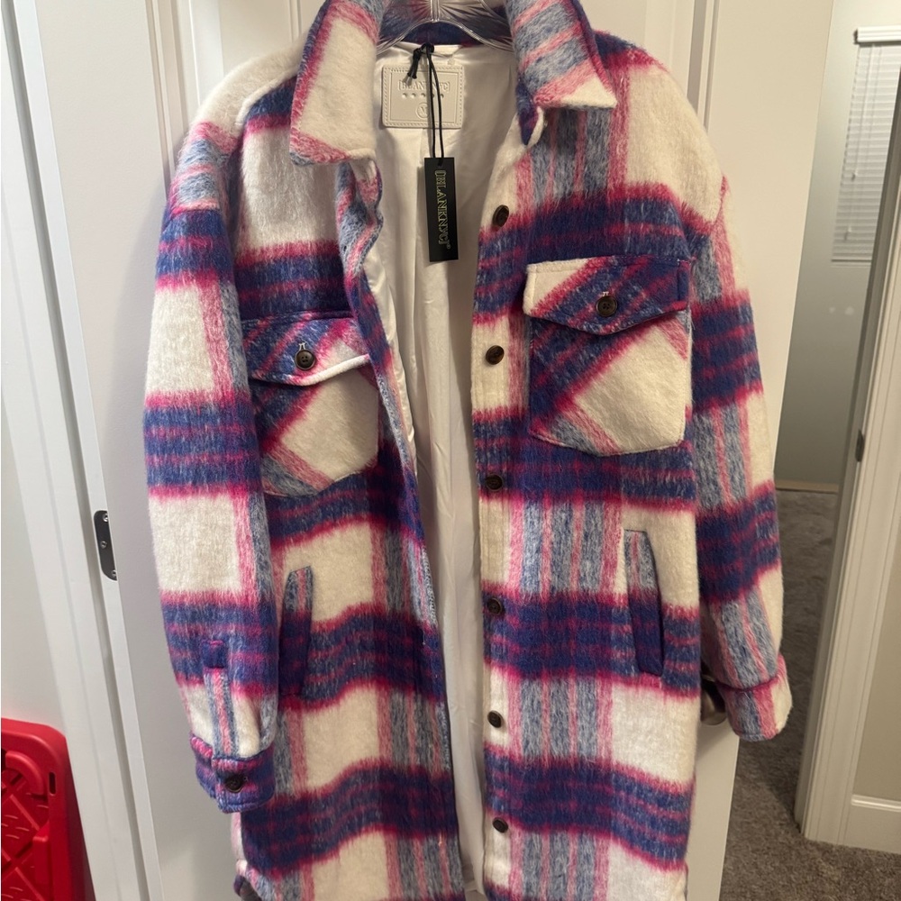 Blank NYC Women's Plaid Teddy Jacket - Pink and Blue